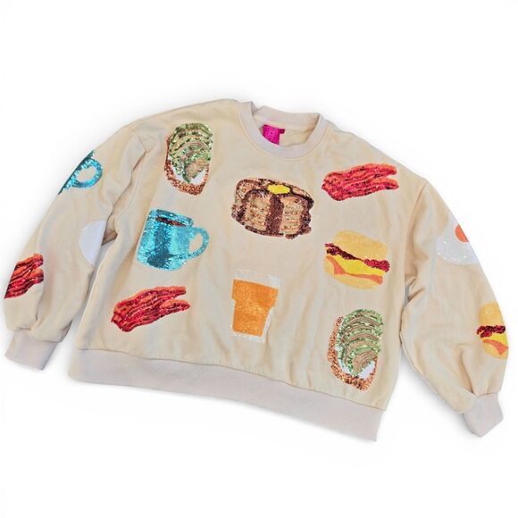 Queen of Sparkles Breakfast Crew Neck Sweatshirt Size Small sequins Food - Picture 2 of 7